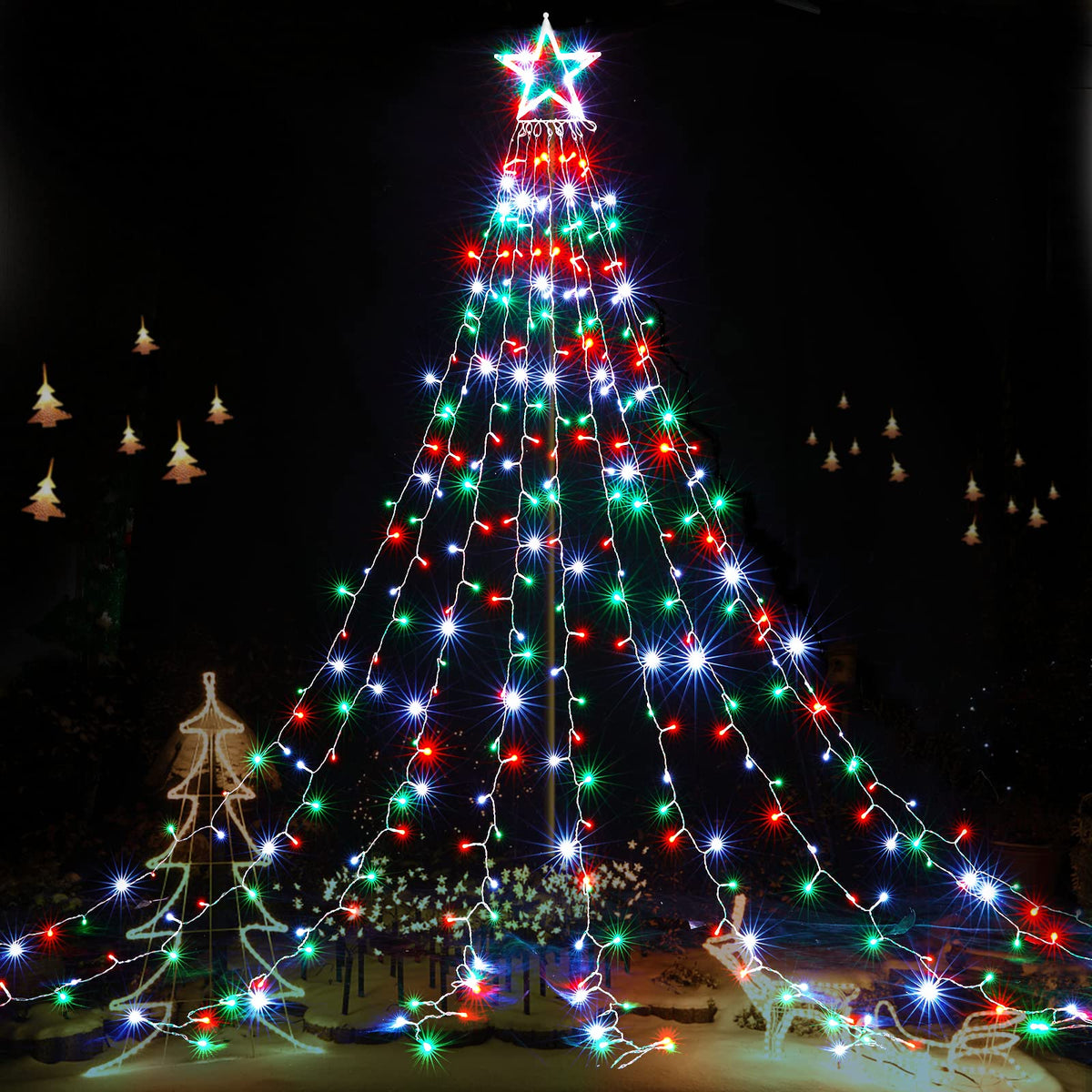 Outdoor Christmas Lights 344 LED Christmas Star Lights with 9 Strands 11.9ft Waterfall Tree Lights, 8 Modes, Waterproof & Timer for Garden Yard Patio Outdoor Xmas Decorations，Red Green White