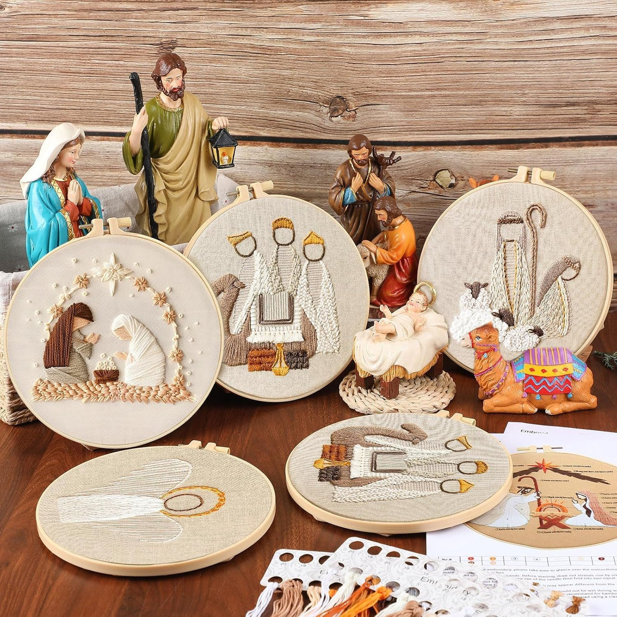Nativity Scene Embroidery kit,Christmas Cross Stitch Kits,DIY Embroidery Kit for Adults with Pattern,Cotton Threads,Needles,Instruction,20cm Hoop,for Decor Home Room (Manger)