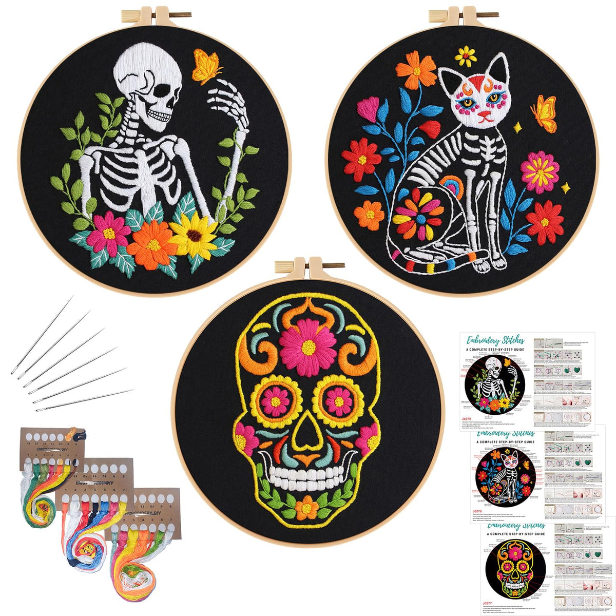 3 Sets Halloween Embroidery Kits for Beginners,Cross Stitch Kit for Adults,DIY Starters Needlepoint with Skull Flowers Pattern,Including Instruction