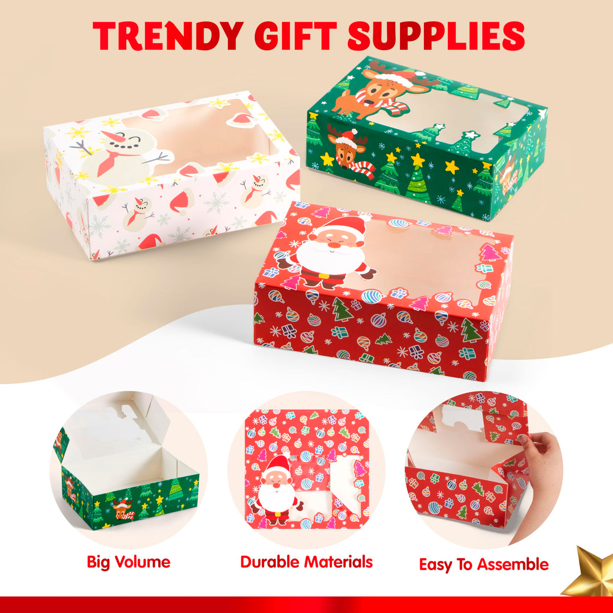 24 PCS Christmas Foil Treats Cookie Gift Boxes (8.75" x 5.75" x 2.75") Colorful Pattern Bakery Box with Window for Xmas Holiday Birthday Party Pastries, Cupcakes, Brownies, Donuts Gift-Giving