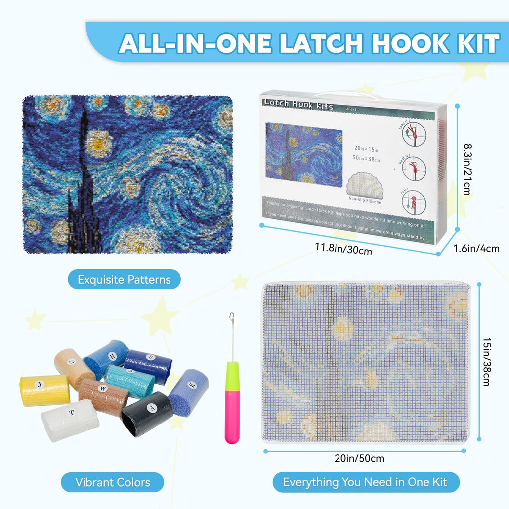 Latch Hook Rug Kit DIY Crochet Carpet for Beginners, Starry Sky Patterns Pre-Printed Canvas Yarn Rug Hooking Kits, Creative Craft Home Decor Ideal for Learning Rug Making