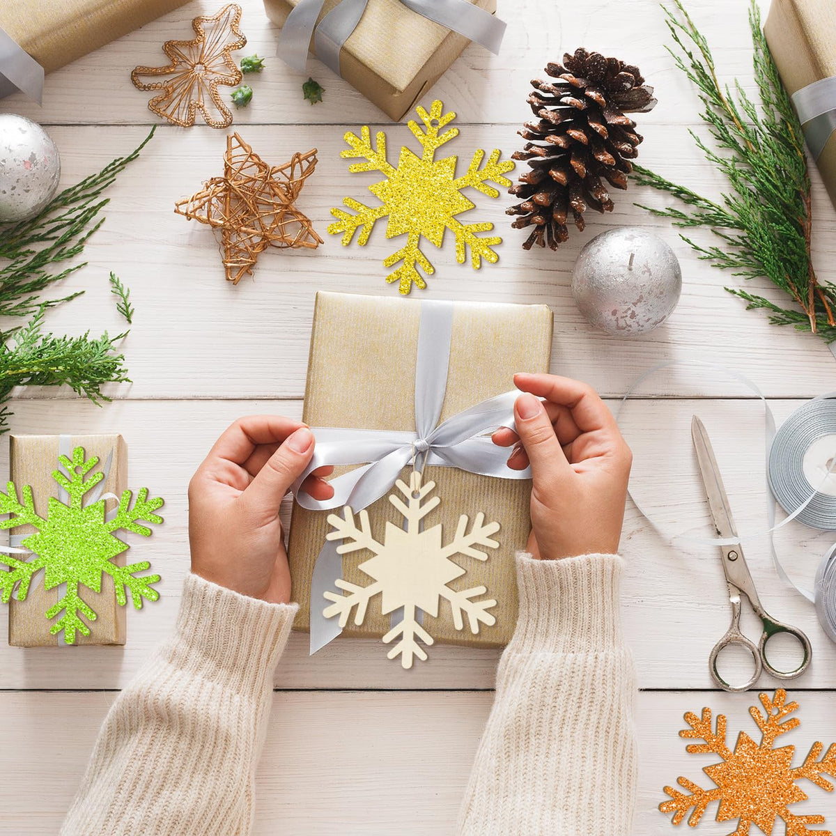 Wooden Christmas Snowflake Ornaments to Paint Christmas Winter Decoration Cutouts Unfinished 24PCS 3.5 inches, DIY Blank Unfinished Christmas Tree Ornament for Home Snowflakes Crafts Hanging