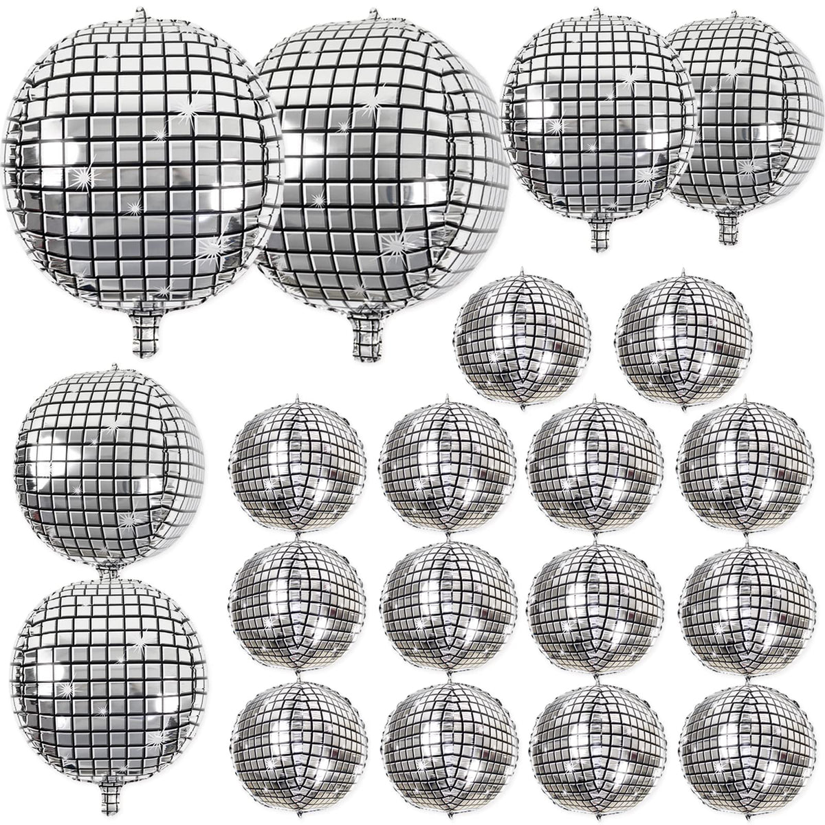 20Pcs Disco Ball Balloons Different Sizes- 4D Large Disco Balloons 32” 22” 10 Inch Assorted Round Metallic Silver Disco Mylar Balloons for 70s 80s Disco Themed Birthday New Year's Party Decor Supplies