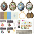 4 Packs Embroidery Necklace Kits, Embroidery Pendant Kit Mini Cross Stitch Kit with 4 Hoops, Necklace, Pendant, Stamped Pattern Cloth, Instructions, etc., Embroidery Kits for Adults