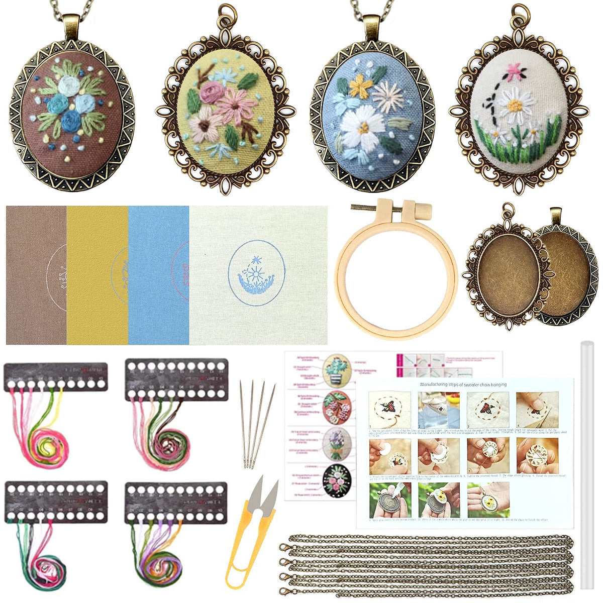 4 Packs Embroidery Necklace Kits, Embroidery Pendant Kit Mini Cross Stitch Kit with 4 Hoops, Necklace, Pendant, Stamped Pattern Cloth, Instructions, etc., Embroidery Kits for Adults