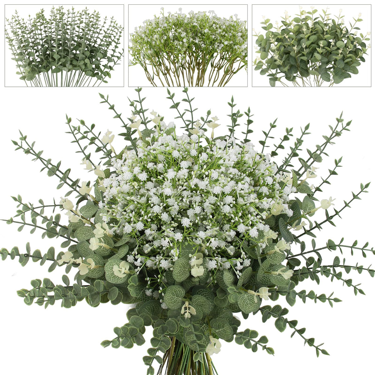 lovemoon 100 Pcs Mixed Greenery Artificial Eucalyptus Stems, Baby Breath Artificial Flowers Bulk and Eucalyptus Leaves for Wedding Bouquets Home Office Floral Decor (100, Green and White)