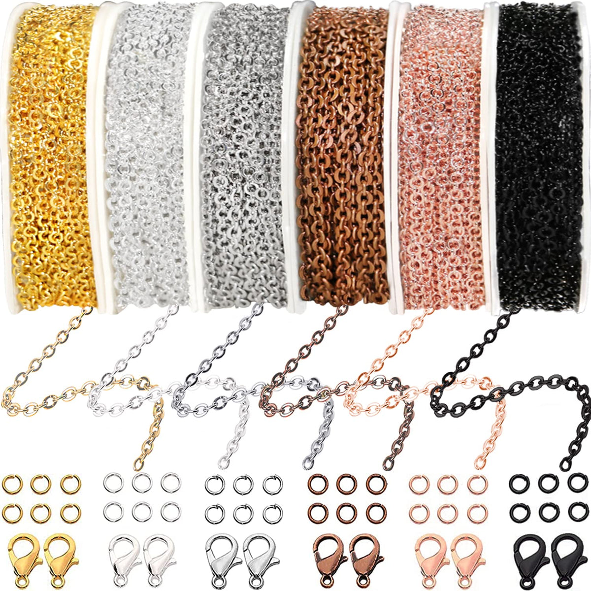 60ft Jewelry Necklace Chains 2mm Jewelry Chain Links for Making Bracelets Earrings DIY Craft Supplies Findings, 6-Colors Gold Silver Copper Plated Metal Cable Rolo Link Chain Rolls Bulk