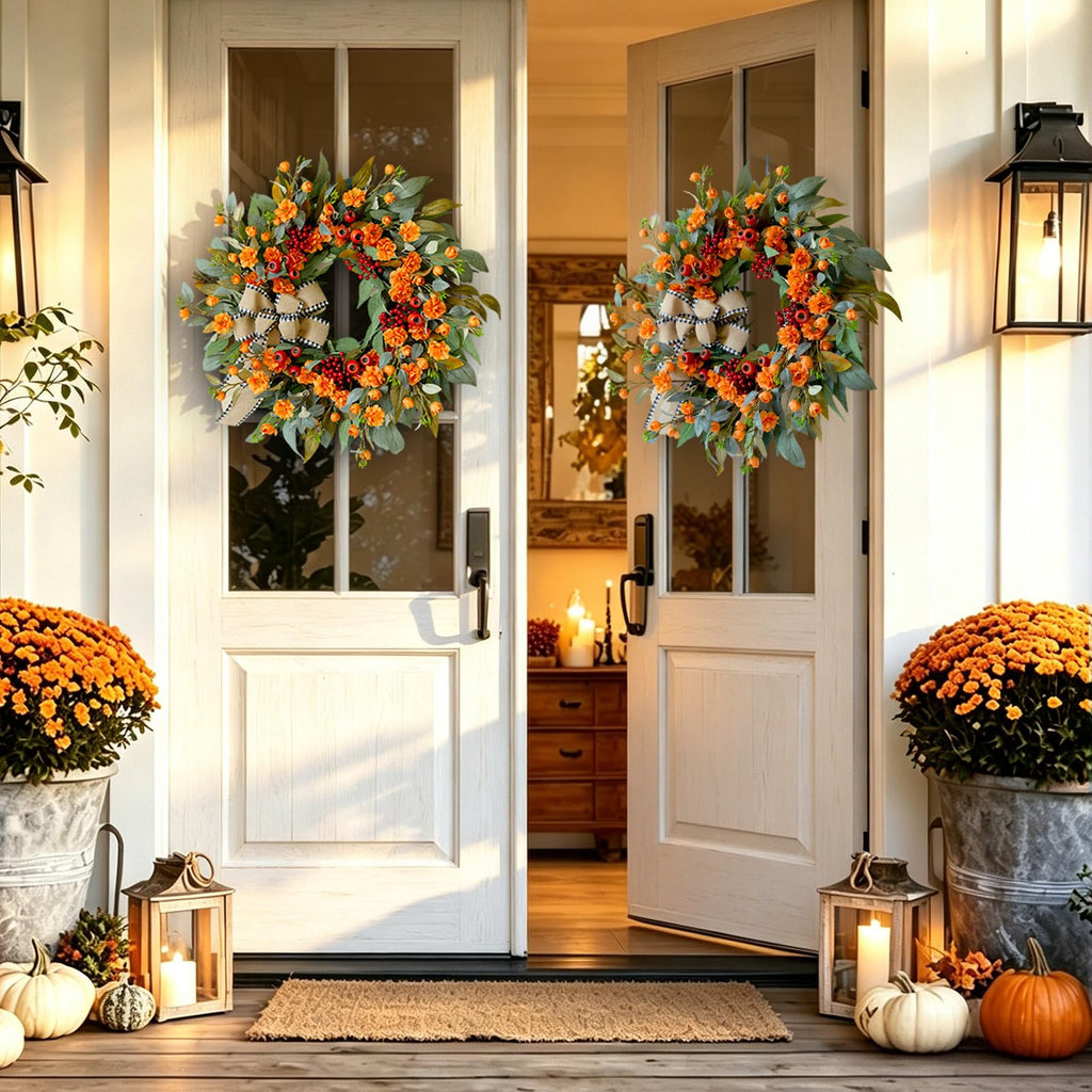 24 Inch Harvest Fall Wreaths for Front Door Outside with Bow & Red Berries