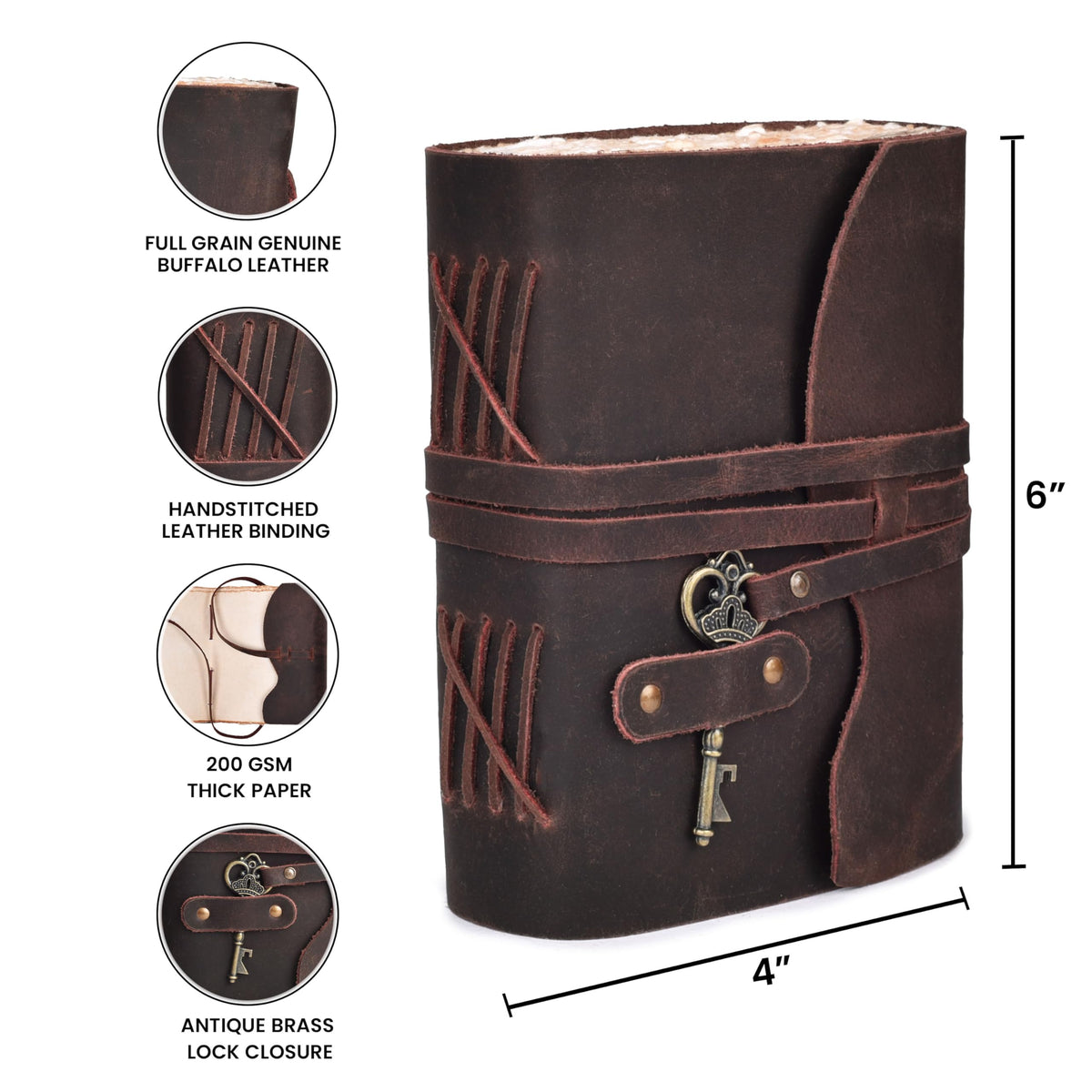 LEATHER VILLAGE Vintage Leather Journal – 200 Handmade Vintage Deckle Edge Paper – Leather bound Journal For Women Men – Vintage Key Closure - Book of Shadows - Chocolate Brown - 6X4 inches (A6)
