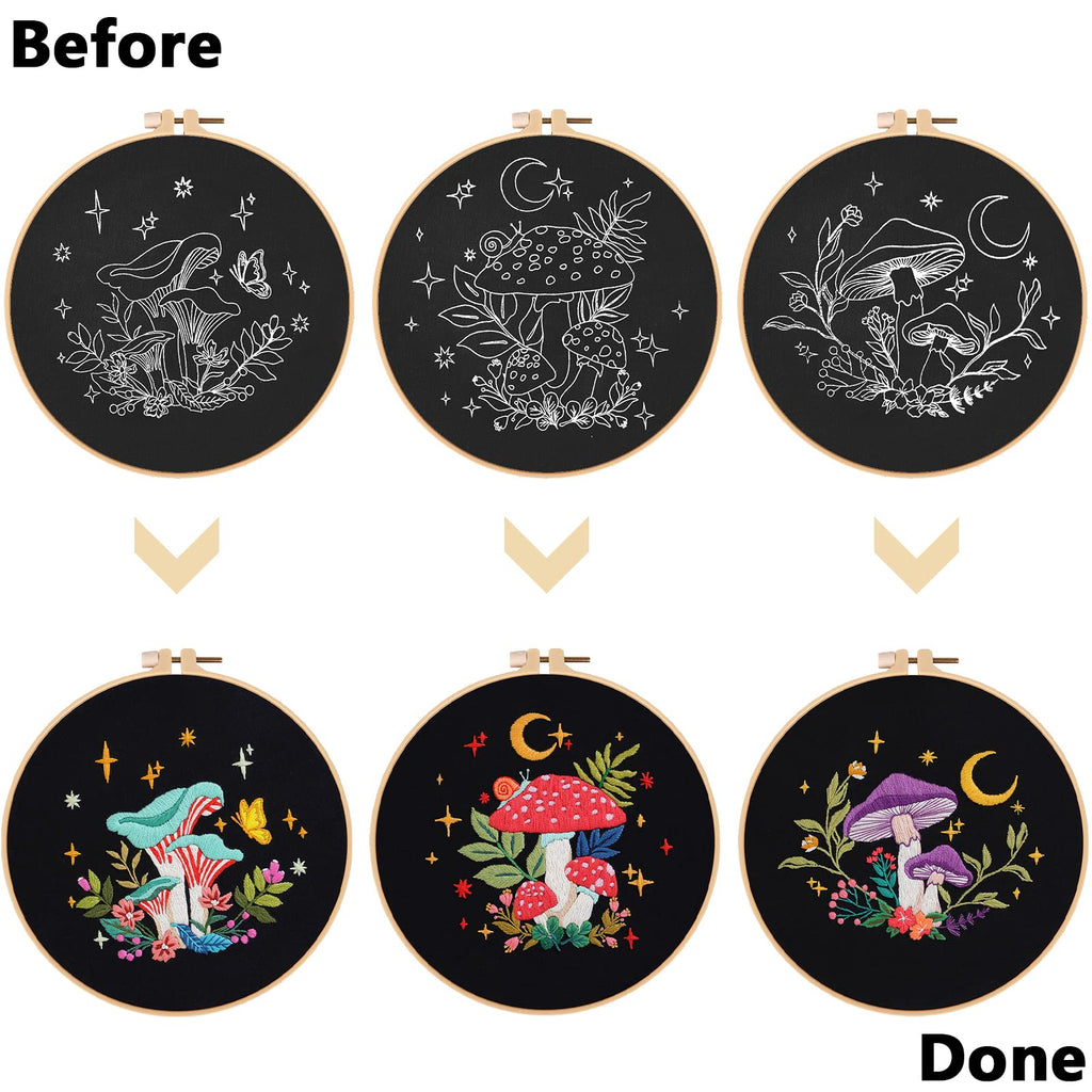 Nuberlic 3 Pack Embroidery Kit for Beginner Adults, Stamped Cross Stitch with Mushroom Patterns Include 3 Hoop, Cloth Thread Needles and Instructions