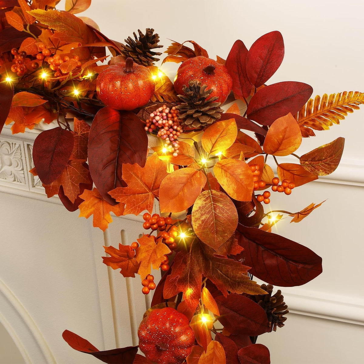 SHareconn 9ft Fall Garland with Lights and Timer for Mantle