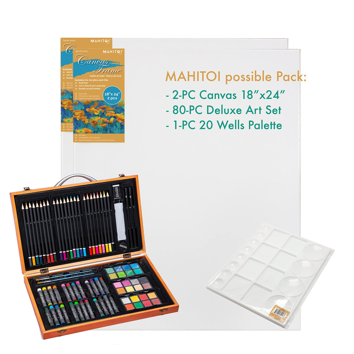 MAHITOI US 80+Piece Deluxe Artist Studio Creativity Set Wood Box Case - Art Painting, Sketching Drawing Set, 24 Watercolor Paint Colors, 24 Oil Pastels, 24 Colored Pencils, 2 Brushes, Starter Kit