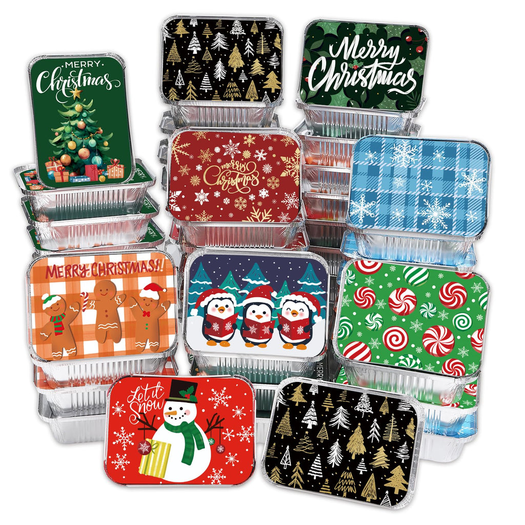 36PCS Christmas Foil storage Containers 9 Styles Merry Christmas Disposable Leftover Food Containers with Lids Aluminum Cookie Tin Pans for Winter Holiday Gift Giving Party Supplies(Style B)