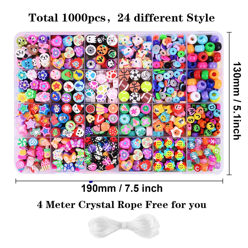 1000PCS Polymer Clay Beads Bracelet Making kit, 24 Style Cute Fun Beads Fruit Flower Animal Cake Butterfly Heart Beads Charms for Jewelry Necklace Earring Making DIY Accessories for Women Girls