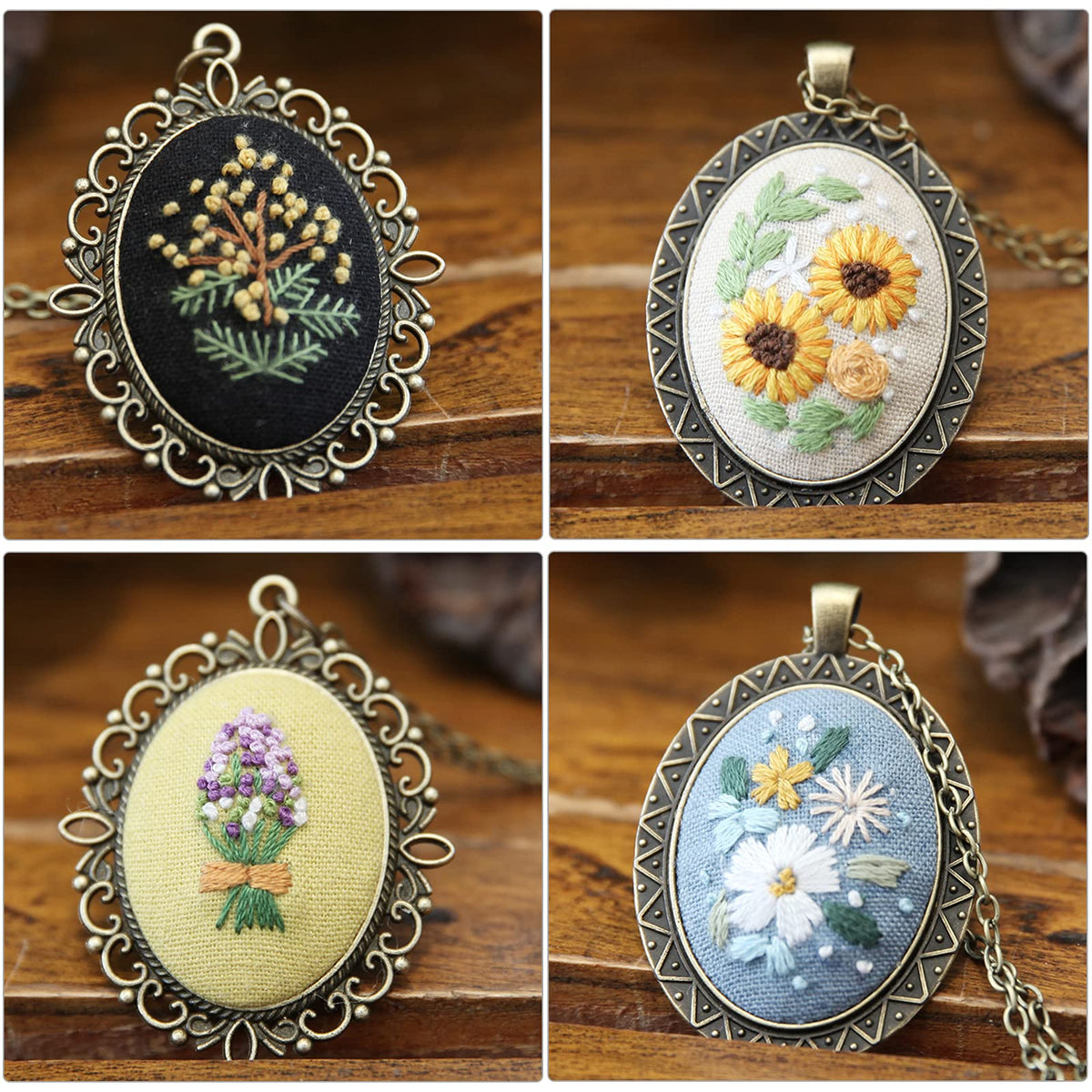 ZOCONE 4 Packs Embroidery Necklace Kit, Embroidery Pendant Kit Mini Cross Stitch Kit with Hoop, Necklace, Pendant, Stamped Pattern Cloth, Instructions, etc., Embroidery Kit for Adults
