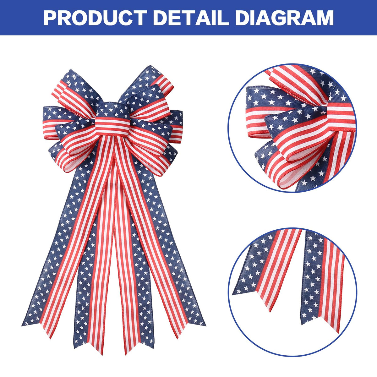 SY Super Bang 2PCS 4th of July Decorations, Red White Blue Wreath Decor for Front Door, Stripe Stars Tree Topper Patriotic Bows, for Independence Day, Memorial Day, Indoor/Outdoor Home Holiday Party.