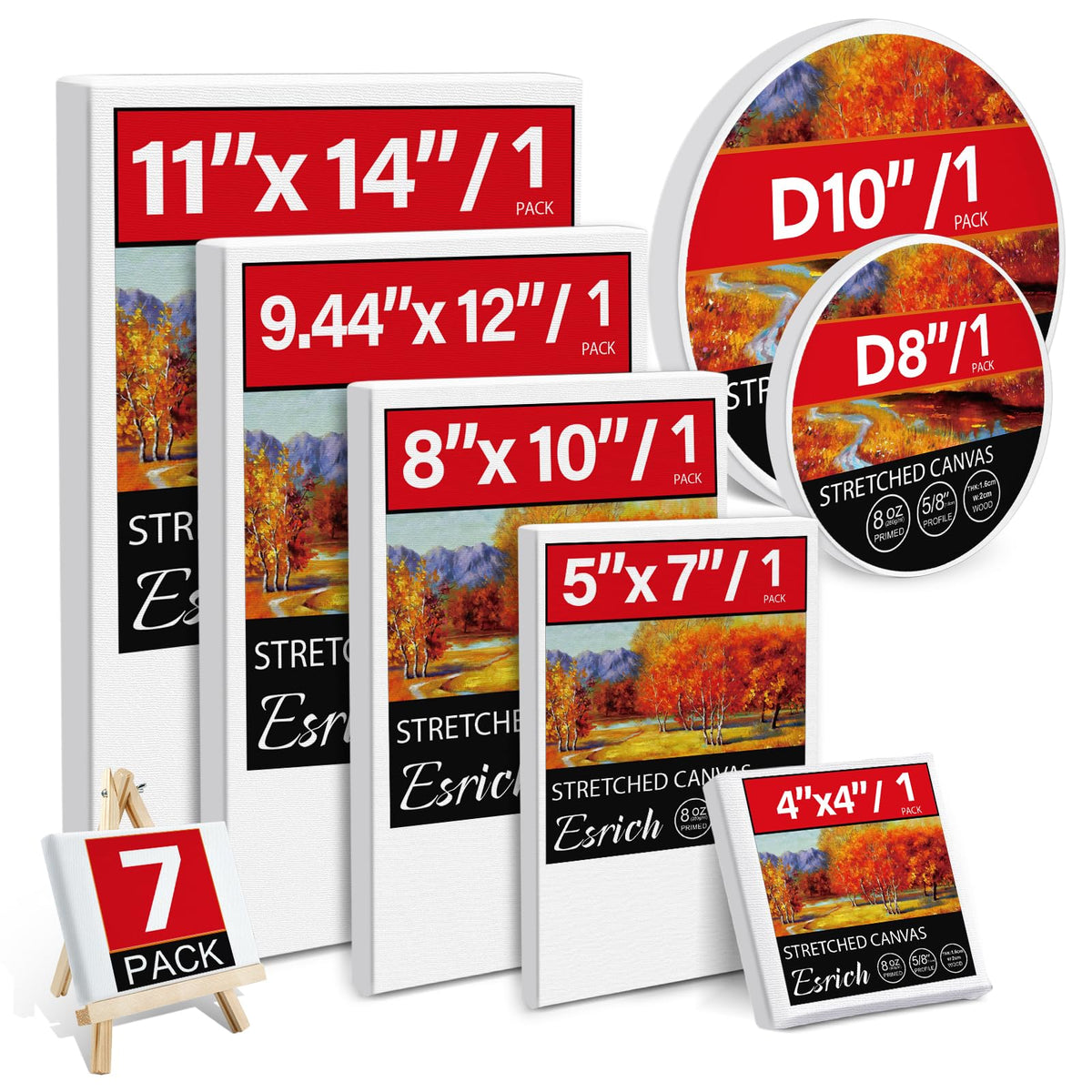 7 Packs Stretched Canvases for Painting,Multi Size 11x14, 9.44x12, 8x10, 5x7, 4x4, Round Canvas with 8x8,10x10, Primed Blank Canvas for Oil Paint, Acrylic Paint, Paint Canvas for Beginner, Artist.