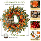 24 Inch Harvest Fall Wreaths for Front Door Outside with Bow & Red Berries