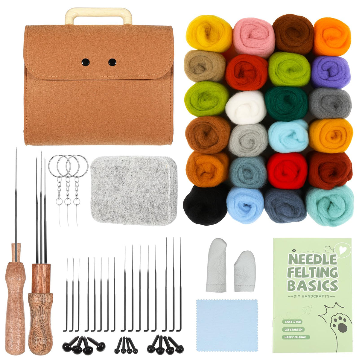 62 Pcs Needle Felting Kit, Felting Kits for Beginners Adult Including 24 Colors Wool Roving, Felt Needles, Felt Pad, Needle Handles, Finger Beds, Keychains, Fake Eyes, Storage Bag, Instruction