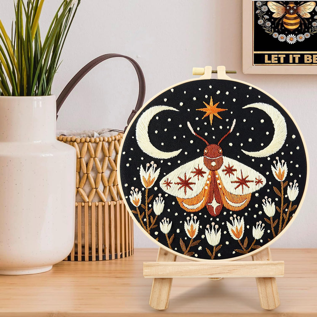 Hand Embroidery Starter Kits for Beginners Adults, Counted Stamped Cross Stitch Kit for Beginners Adults, Embroidery Needlepoint Kit with Moth Flower Pattern, 3 Hoops (Attached Teaching Video QR Code)