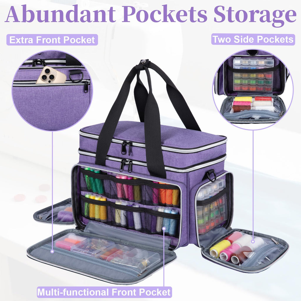 Large Sewing Supplies Organizer, Double Layer Sewing Storage Organizer with Two Detachable Dividers, Travel Sewing Bag Organizer with Shoulder Strap for Accessories, Purple, (Bag Only)