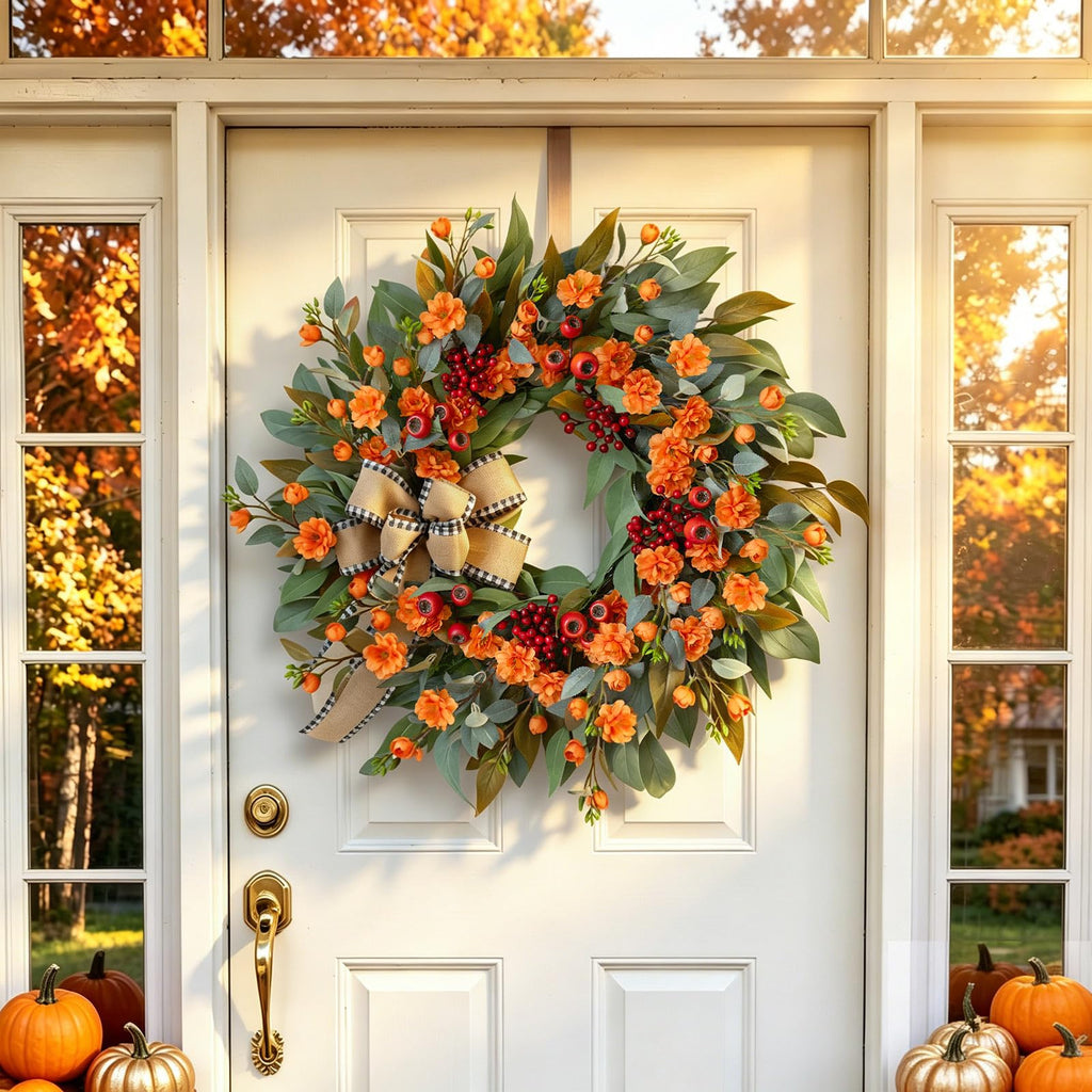 24 Inch Harvest Fall Wreaths for Front Door Outside with Bow & Red Berries