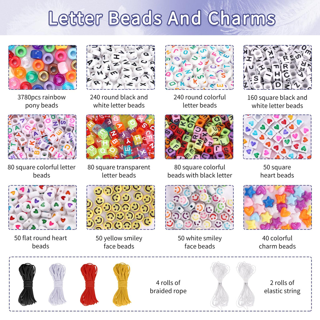 QUEFE 4900pcs Pony Beads Kandi Bracelet Kit, Friendship Bracelet Making Kit with 84 Colors Kandi Beads, Hair Beads and Letter Heart for Craft Gifts Bracelets Jewelry Making with Elastic Strings