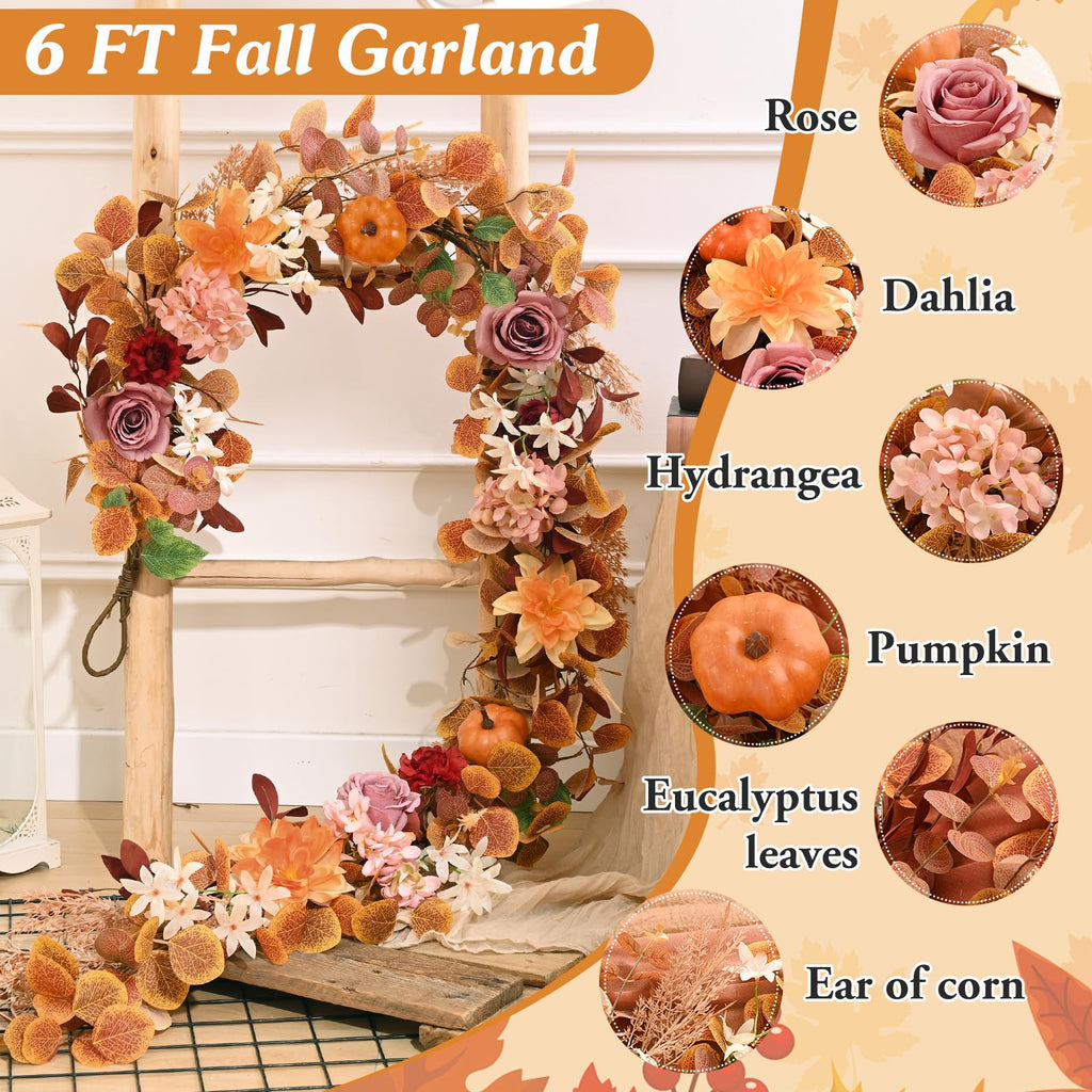 6FT Fall Garland for Mantle, Pumpkin Dahlia Garland Fall Decor