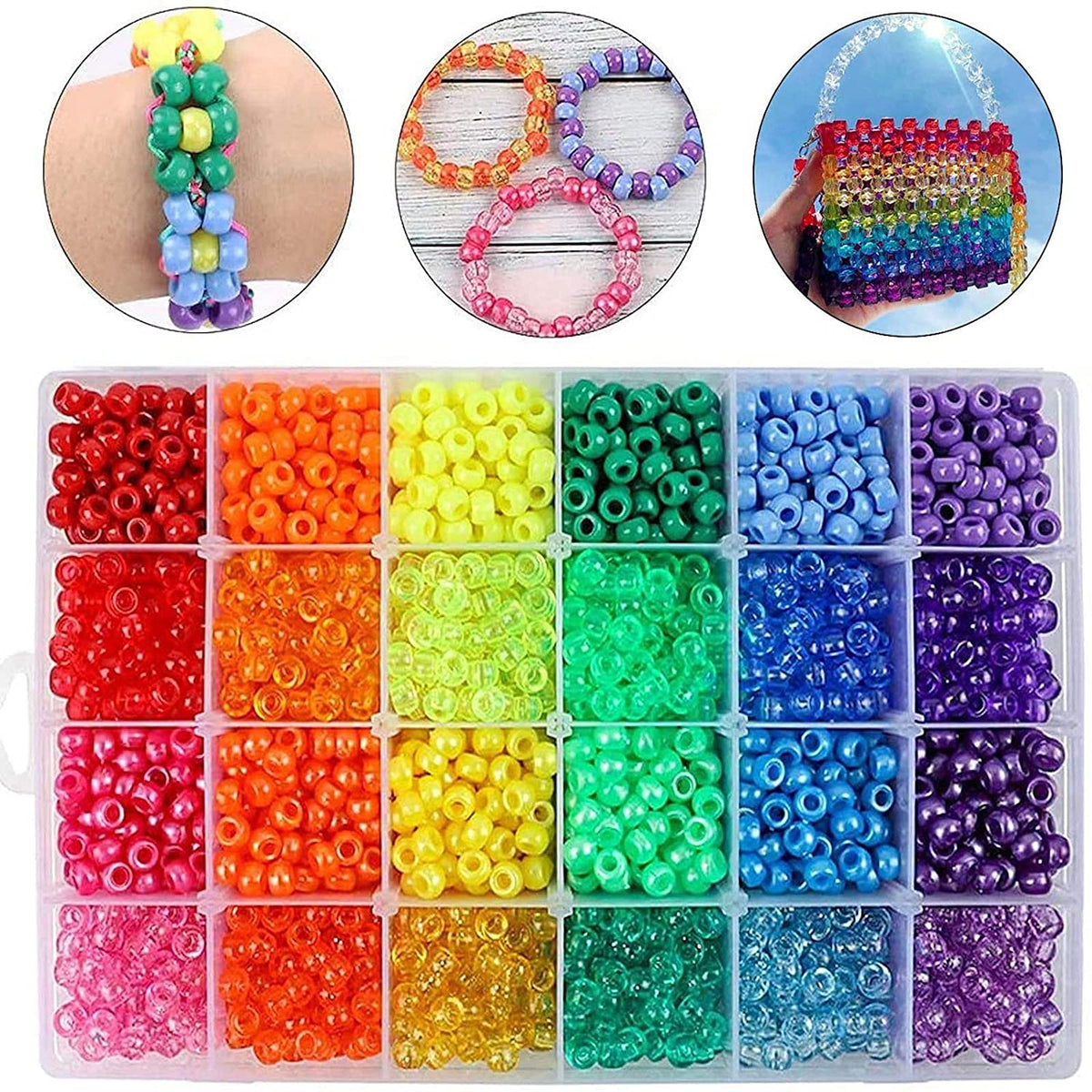 Quefe 2880pcs Pony Beads Kit, Kandi Beads for Hair, Rainbow Beads Plastic Bead for Craft 6 x 9mm 24 Colors 4 Styles Large Hole Beads Set for Bracelets Jewelry Making