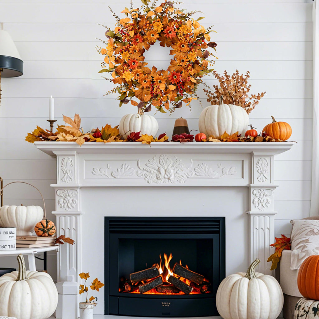 MAINGKAUNG Artificial Fall Wreath 22 Inch Fall Wreaths for Front Door with Orange Berries Daisies Eucalyptus Leaves Autumn Door Wreaths for Thanksgiving Harvest Festival Wall Porch Farmhouse