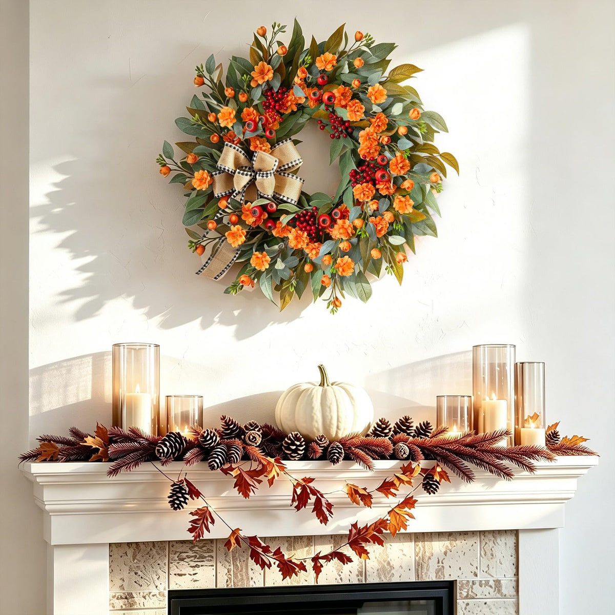 24 Inch Harvest Fall Wreaths for Front Door Outside with Bow & Red Berries