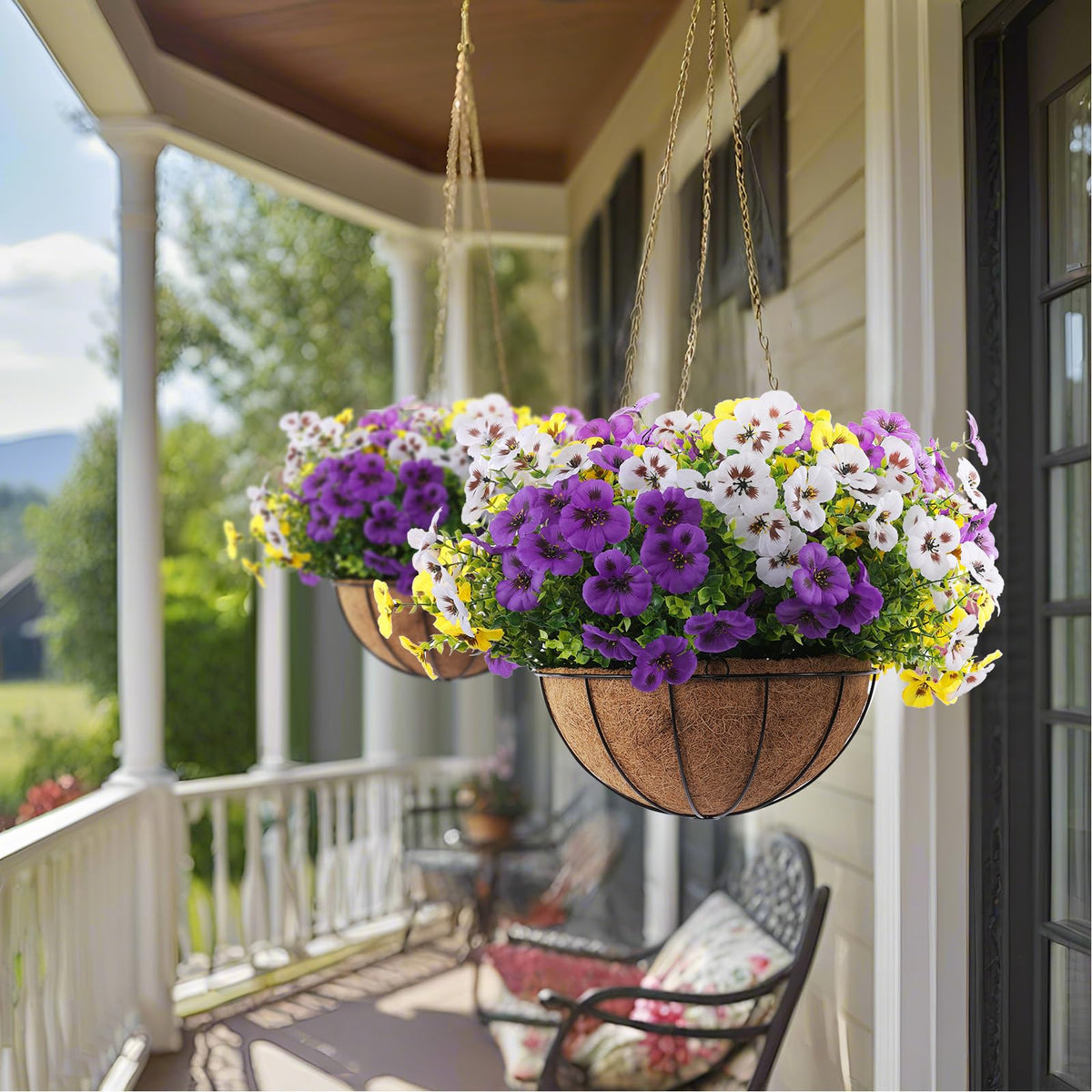 Rowfad 18 Pcs Artificial Fake Pansy Flowers for Outdoor, Faux Silk Pansies Spring Flowers for Outside for Planter Front Door Porch Yard Patio Window Box Home Decor (18, Purple, Yellow, White)