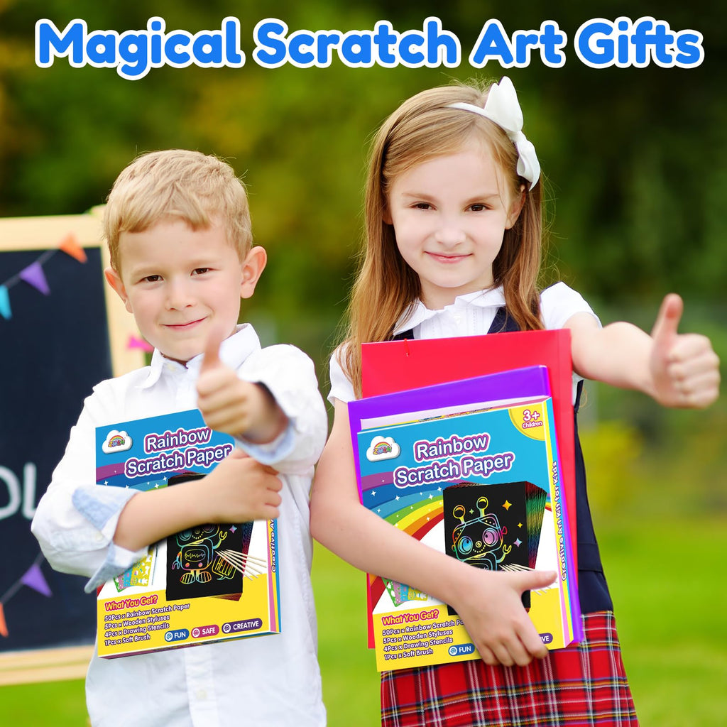 Scratch Art Crafts Boys Gifts, 50 Rainbow Scratch Paper Art Gifts for 3 4 5 6 7 8 9 10 Years Old Girls and Boys Kids, Arts and Crafts for Kids 4-6 Birthday Toys and Games Activities Gift (Blue)