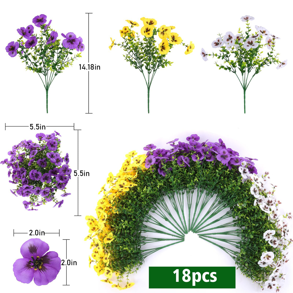 Rowfad 18 Pcs Artificial Fake Pansy Flowers for Outdoor, Faux Silk Pansies Spring Flowers for Outside for Planter Front Door Porch Yard Patio Window Box Home Decor (18, Purple, Yellow, White)