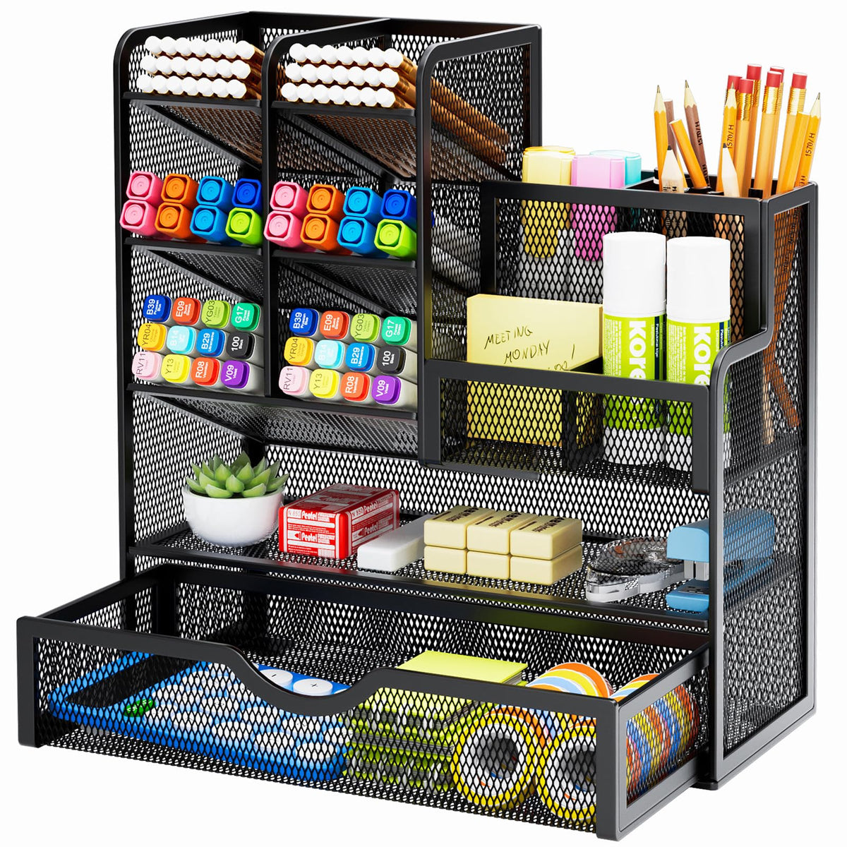 Marbrasse Mesh Pen Holder for Desk, Multi-Functional Pencil Organizer with Drawer, Desk Organizers and Accessories for Office Art Supplies (Black)