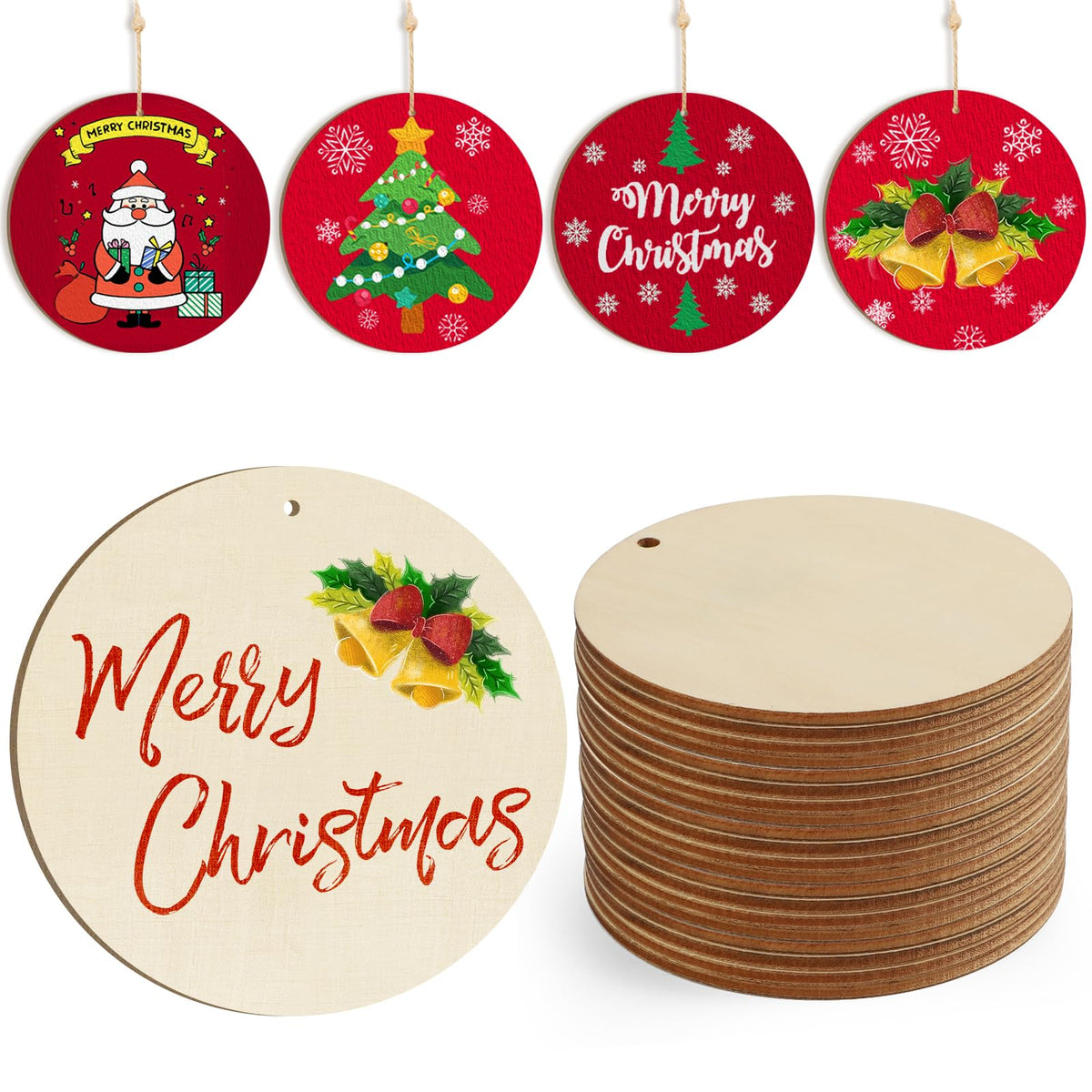 Wooden Christmas Ornaments to Paint Christmas Round Decoration Cutouts Unfinished 24PCS 3.5 x 3 inches, DIY Blank Unfinished Christmas Tree Wood Discs Ornament for Home Crafts Hanging