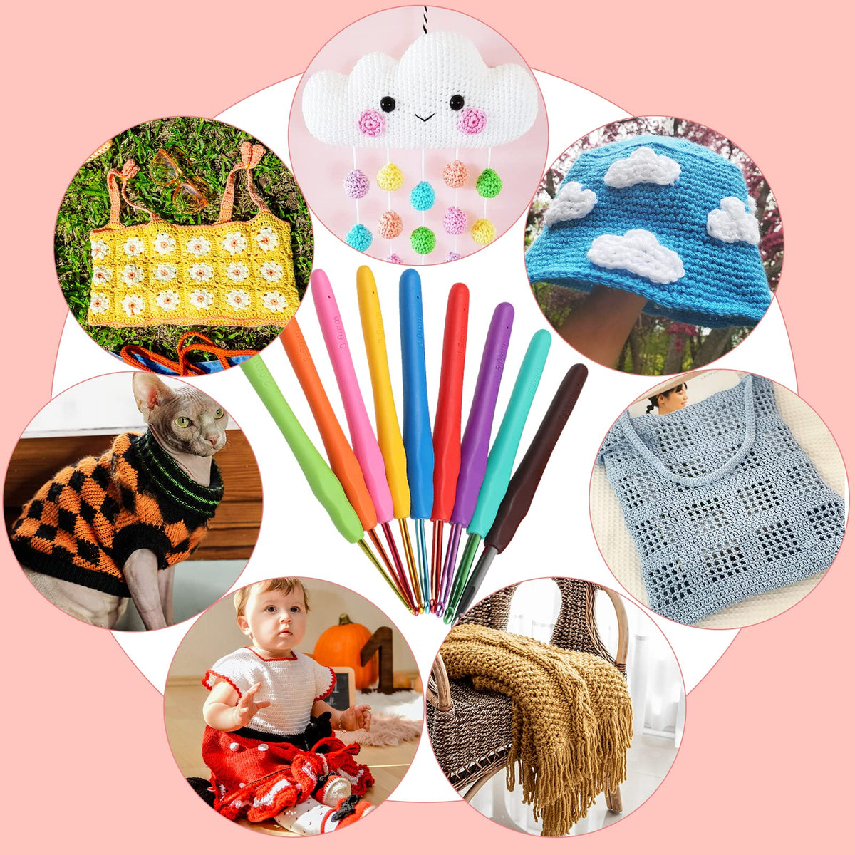 Crochet Kit for Beginners Adults, Crochet Kits Include Yarn, 59pcs Crochet Starter Kit for Beginners Kids,Ergonomic Crochet Hooks 2.0-6.0 mm, Lace Steel Needles 0.6-1.9 mm