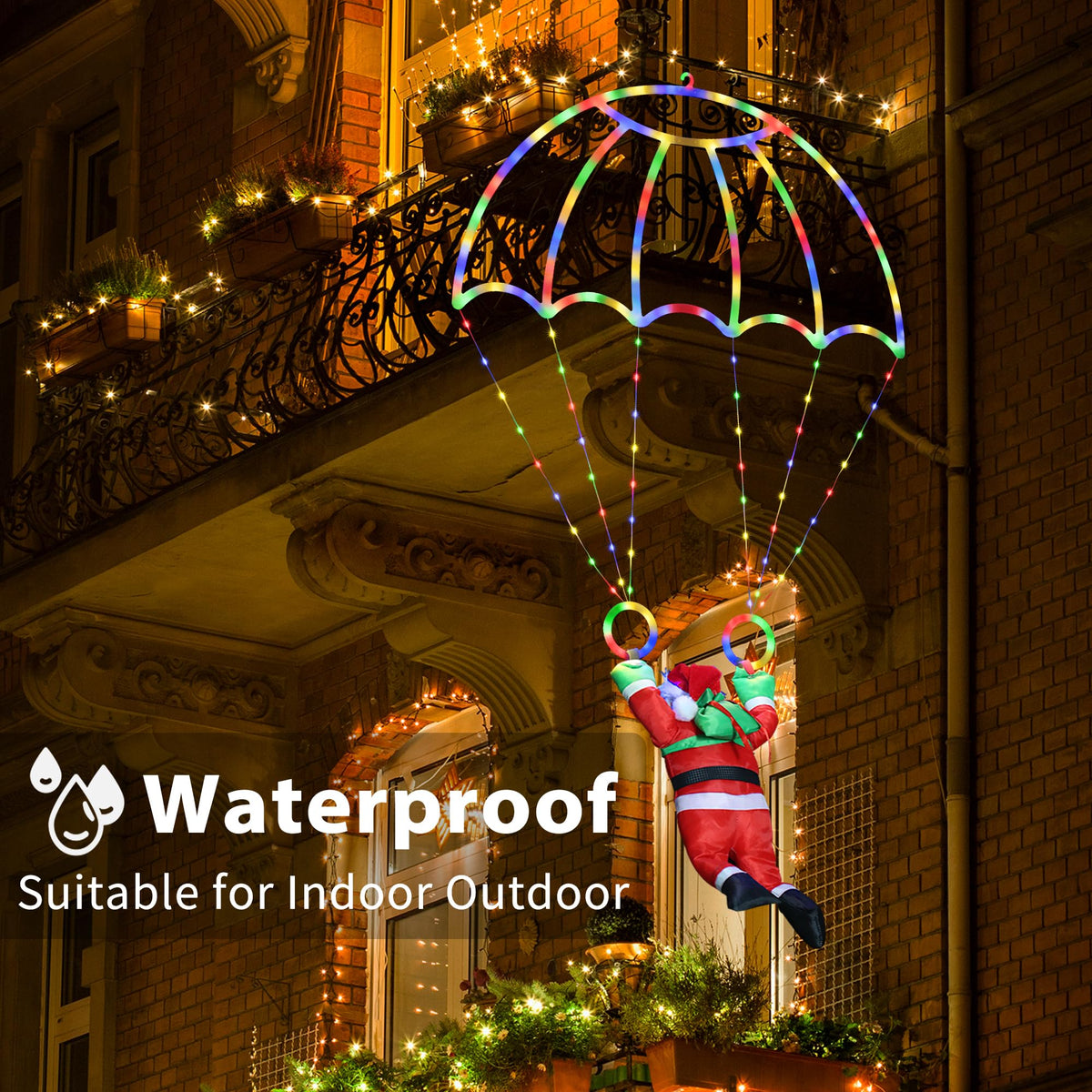 Christmas Decorations Lights Outdoor, 2.8FT Christmas Parachute Lights with Santa Claus, Waterproof 8 Modes Hanging Multicolor Xmas Light - Holiday Decorative Light for Indoor Eave Roof