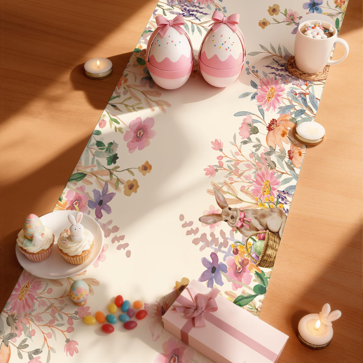Easter Decorations - Egg Rabbit Table Runner | Easter Party Decorations Favors Supplies Indoor Outdoor - Spring Backdrop Banner Basket Stuffers for Kitchen Home Dining Table Decor