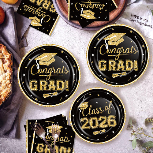2026 Graduation Party Supplies Tableware Set - 200 Pcs Black Gold Graduation Plates and Napkins Class of 2026 Disposable Dinnerware for College High School Congrats Graduation Party favors, Serve 50