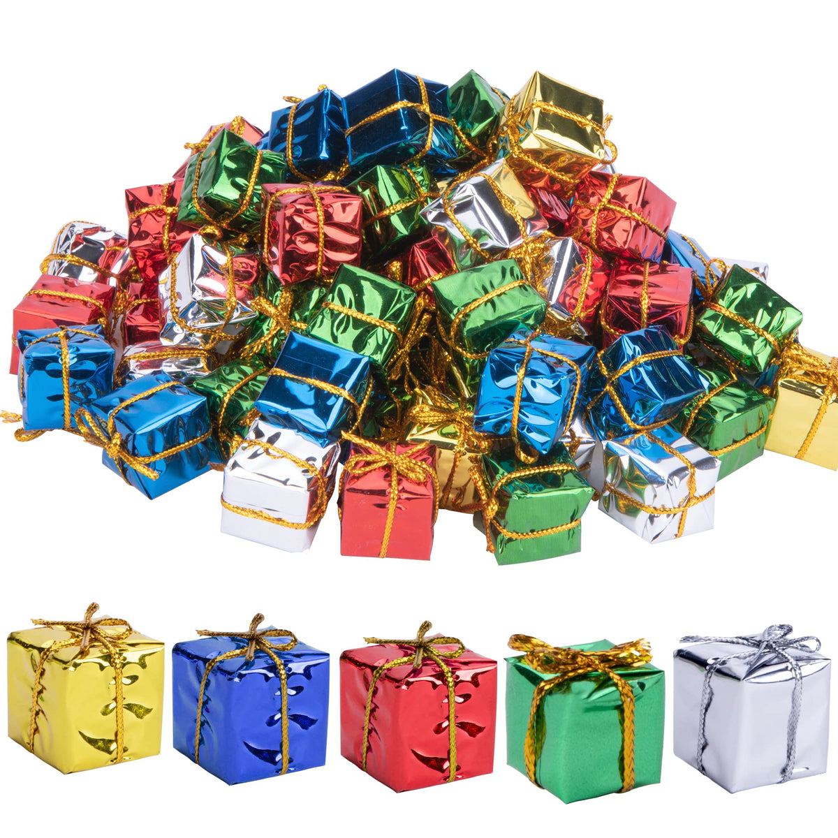 60 PCS Christmas Shiny Mini Boxes Ornaments-Assorted Colors Metallic Foil Wrapped Ornaments Decoration Boxes for Christmas Tree Hanging Decorations (60PCS)