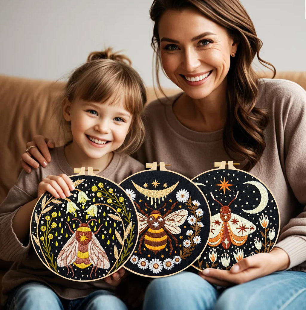 Hand Embroidery Starter Kits for Beginners Adults, Counted Stamped Cross Stitch Kit for Beginners Adults, Embroidery Needlepoint Kit with Moth Flower Pattern, 3 Hoops (Attached Teaching Video QR Code)