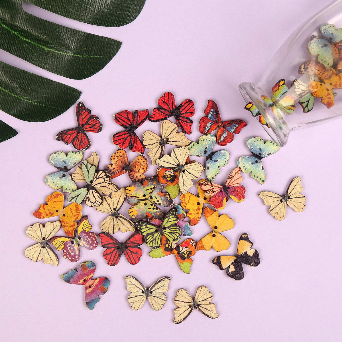 FINGOOO 100 PCS Butterfly Wooden Buttons,1 Inch Colorful 2 Holes Mixed Decorative Buttons for DIY Sewing&Wood Craft Clothes Accessories