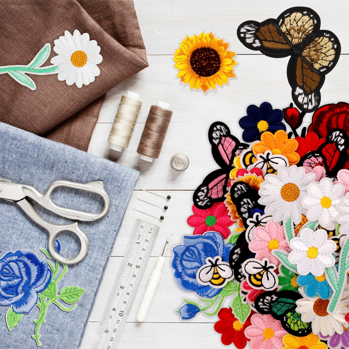 72 Pcs Embroidered Iron On Patches for Clothing, Butterfly Flower Iron On Patches Set, Bee Rose Daisy Embroidered Patches, Applique Patches for Clothes, Jackets, Jeans, Backpacks