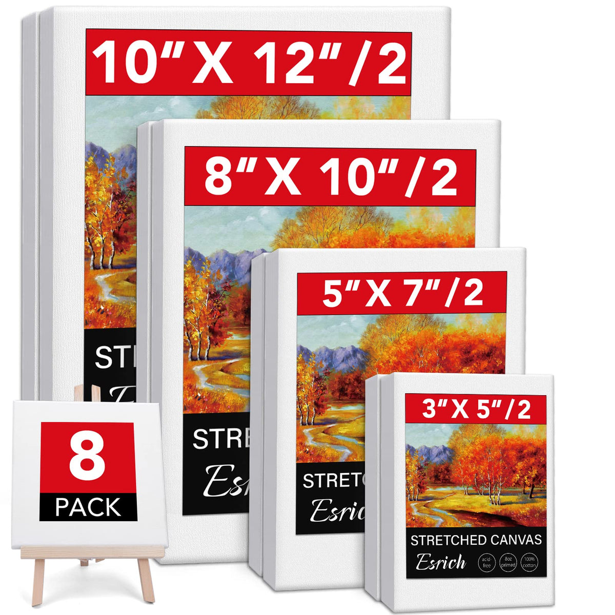 Stretched Canvases for Painting, 8PCS Multi Pack Canvas 3x5”, 5x7”, 8x10”, 10x12”(2 of Each), Acid-Free Wood Frame Blank Canvas, Art Canvas Pre Primed for Acrylic, Oil Painting, Tempera Paintings.