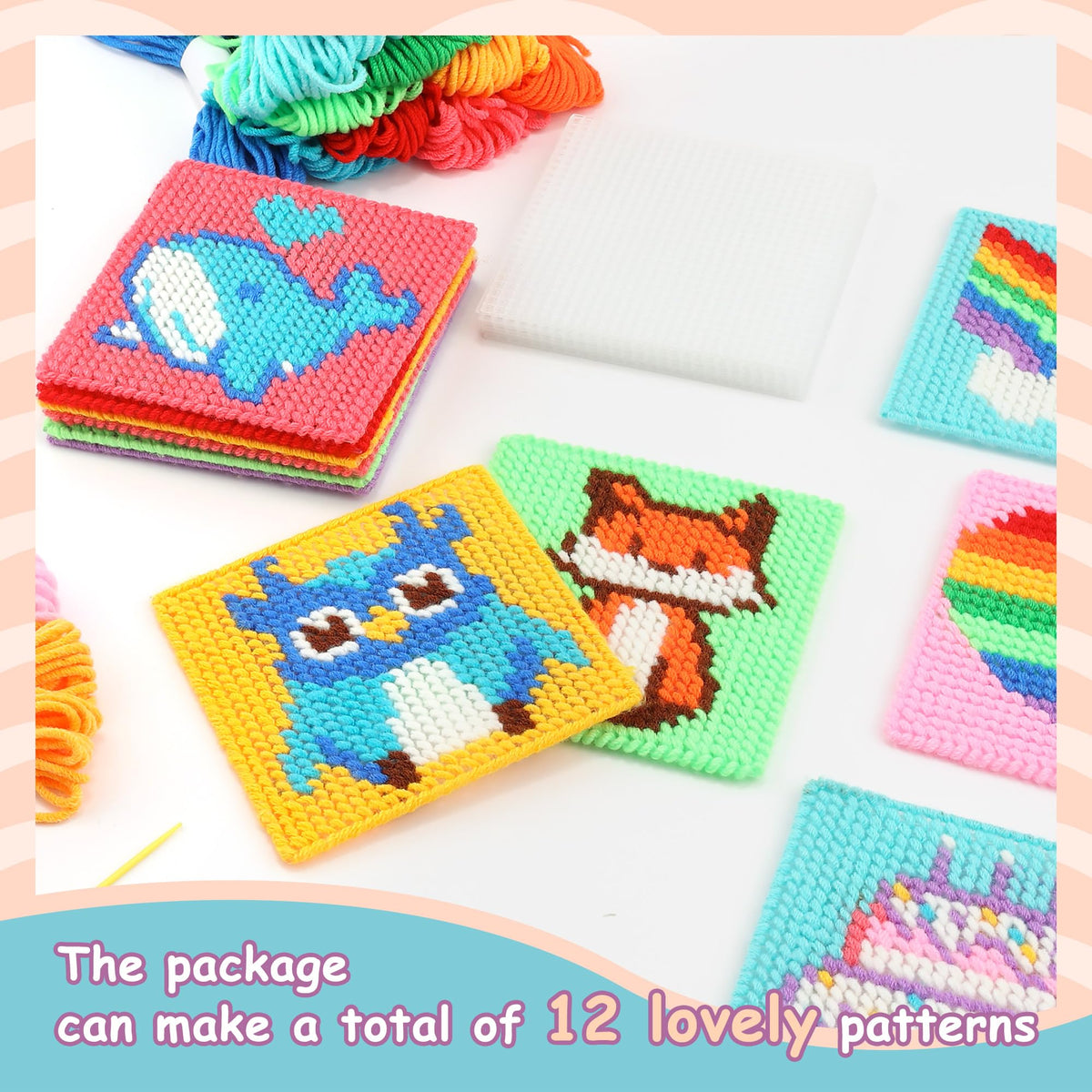 Pllieay Cross Stitch Kits for Beginners 12in1 Cross Stitch Kits for Kids Embroidery Kit Includes 12pcs Blank Plastic Mesh Canvas, 16 Yarns, 6 Embroidery Needles, Needlepoints Starter Sewing Set