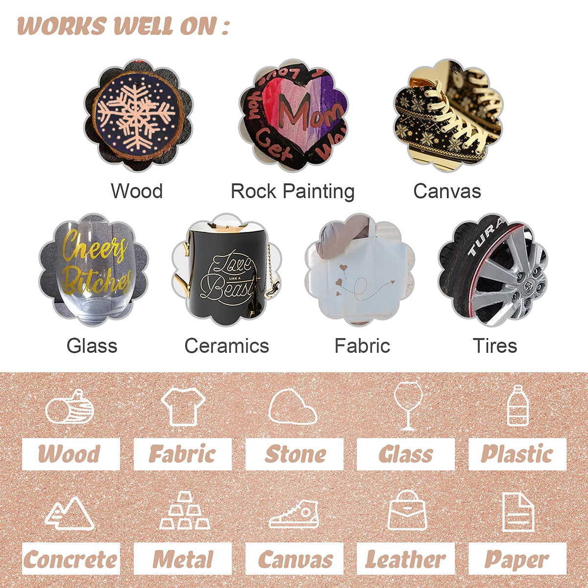 JEFFNIUB Gold Paint Pens with Silver, Rose Gold Acrylic Paint Pens for Rock Painting, Wood, Fabric, Glass, Canvas, Scrapbooking, Card DIY Metallic Acrylic Marker (0.7mm)