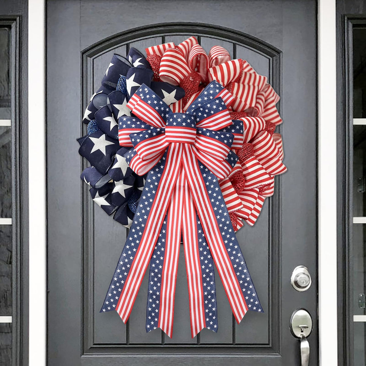 SY Super Bang 2PCS 4th of July Decorations, Red White Blue Wreath Decor for Front Door, Stripe Stars Tree Topper Patriotic Bows, for Independence Day, Memorial Day, Indoor/Outdoor Home Holiday Party.