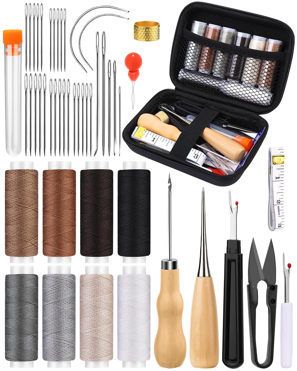 BAGERLA Upholstery Repair Kit, 50 Pcs Heavy Duty Sewing Kit with 8 Colors Thread 32 Pcs Upholstery Needles, Sewing Awls for Hand Stitching Car Sofa Shoe Backpack Craft DIY