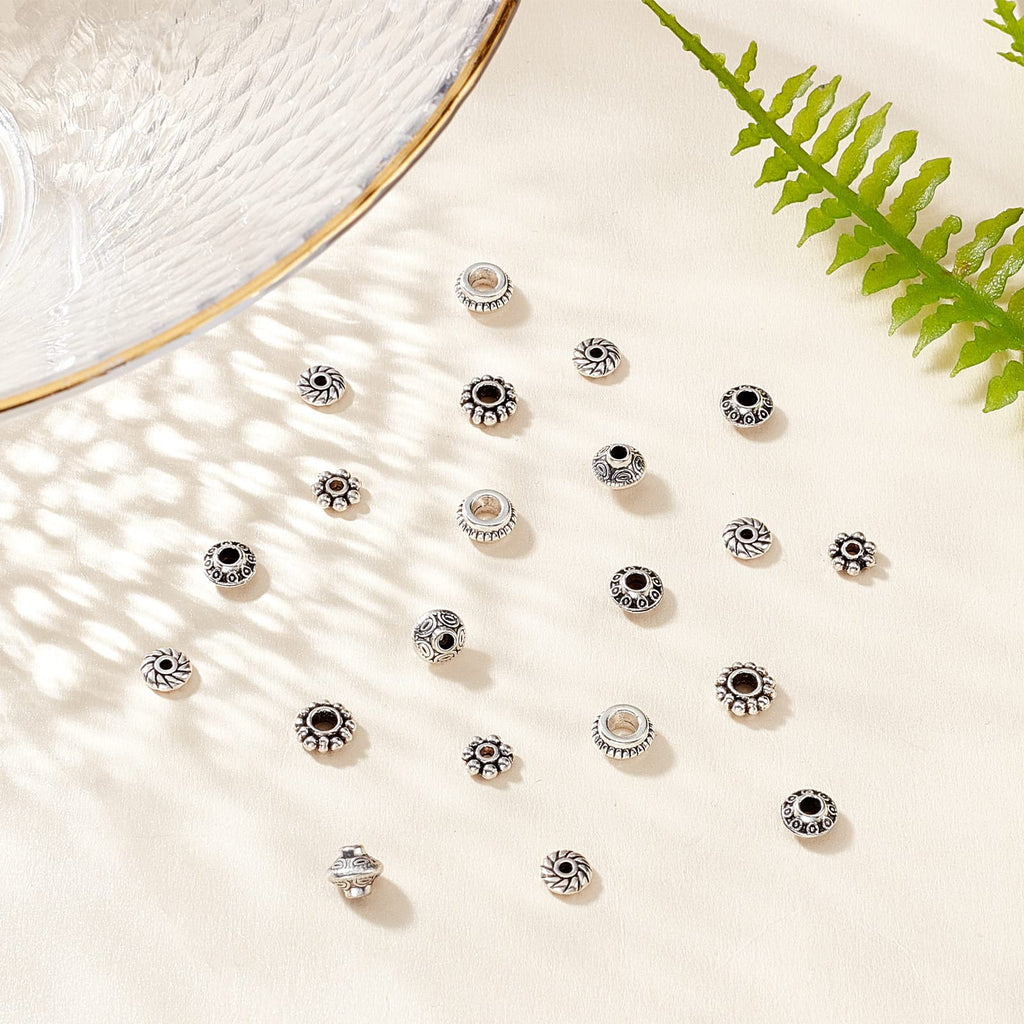 PH PandaHall 300pcs 6 Style Antique Silver Spacer Beads, Tibetan Metal Alloy Tube Spacers Flower Flat Rondelle Small Loose Beads for Bracelet Necklace Earring Jewelry Making Supplies